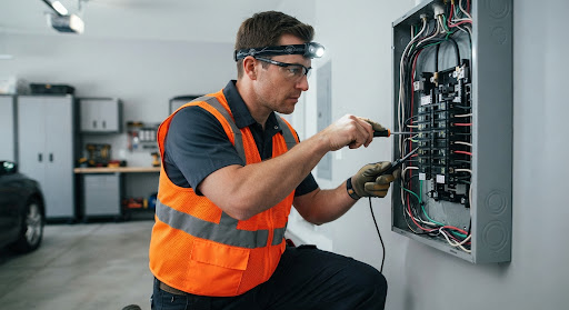 Professional electrician in high-visibility vest working on a modern electrical panel in a residential garage