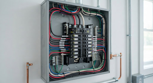 Modern electrical panel with neatly organized, color-coded wiring in a high-end utility room