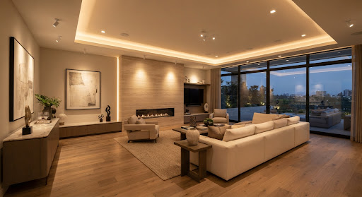 Expansive living room with custom architectural cove lighting and recessed LED spotlights