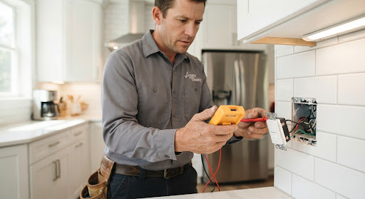 Professional electrician testing a smart light switch in a contemporary kitchen