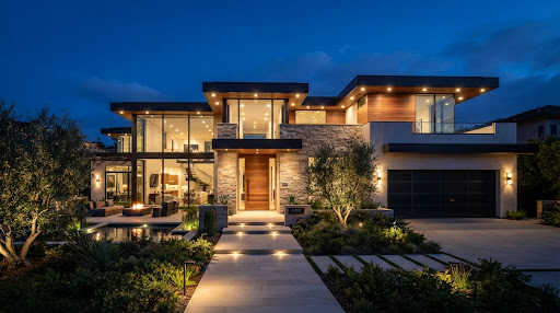 A high-end, contemporary residential living room with sophisticated recessed architectural lighting and warm accent lamps