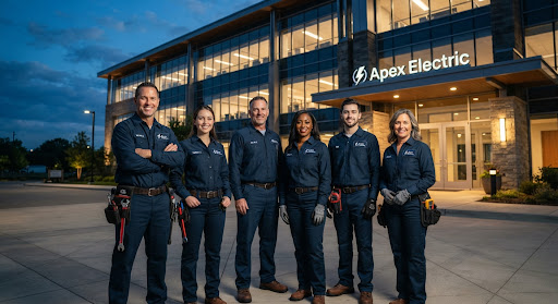 A professional group portrait of a diverse team of expert electricians in clean navy blue uniforms, standing confidently in front of a modern corporate building at dusk