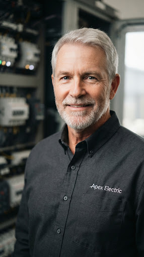 A close-up professional headshot of a senior electrical engineer, an older man with grey hair and kind eyes, wearing a clean charcoal work shirt
