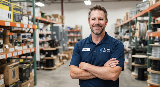A professional portrait of a mid-aged man with short hair and a beard, wearing a professional Super Electric branded polo
